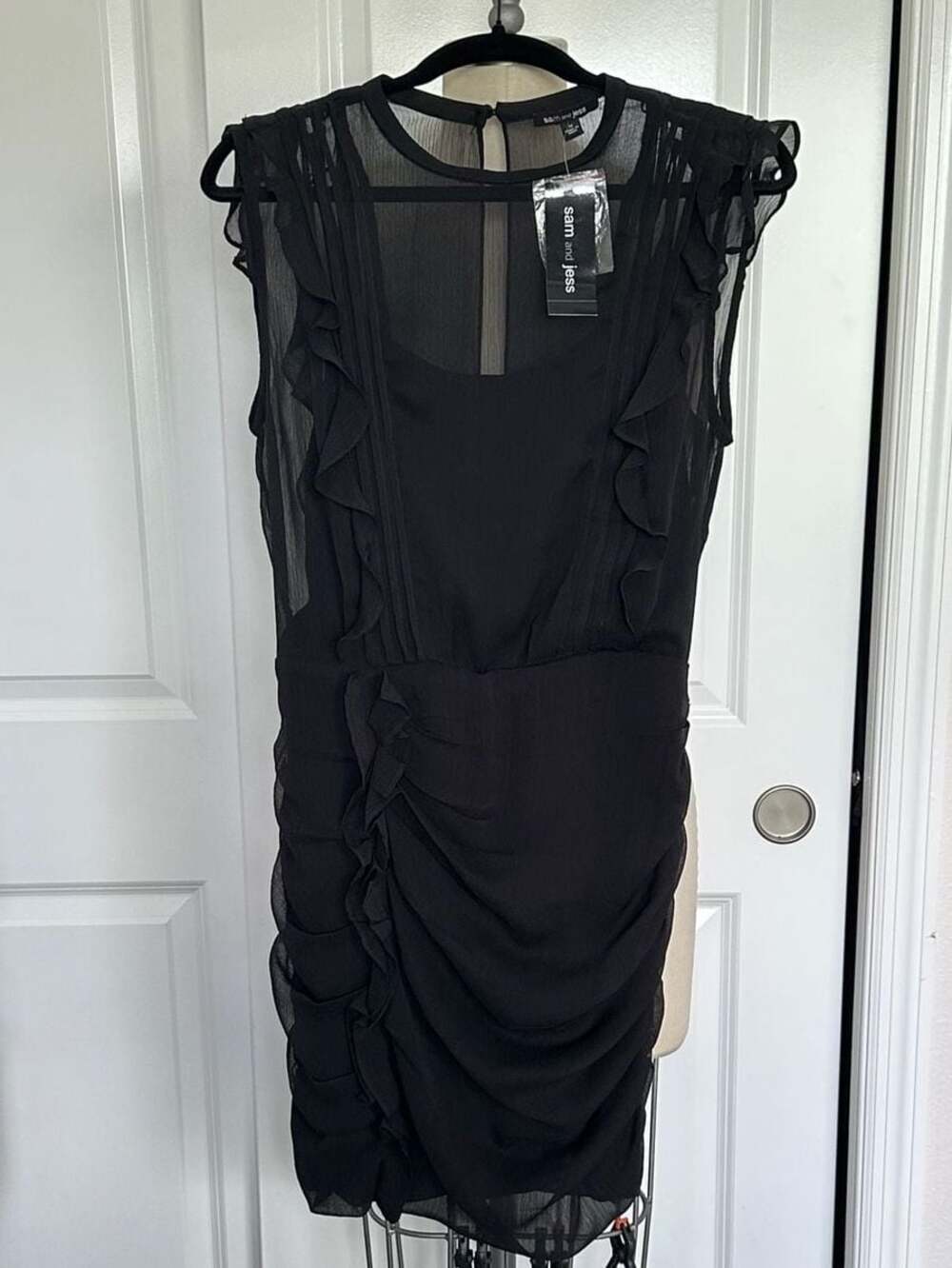 Sam and Jess Black Ruffled Sheer Sleeveless Mini Dress Size M
